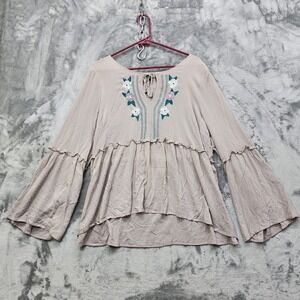 Cruel Girl Denim Top Womens XL Gray Embroidered Bell Sleeve Peasant Blouse Flowy